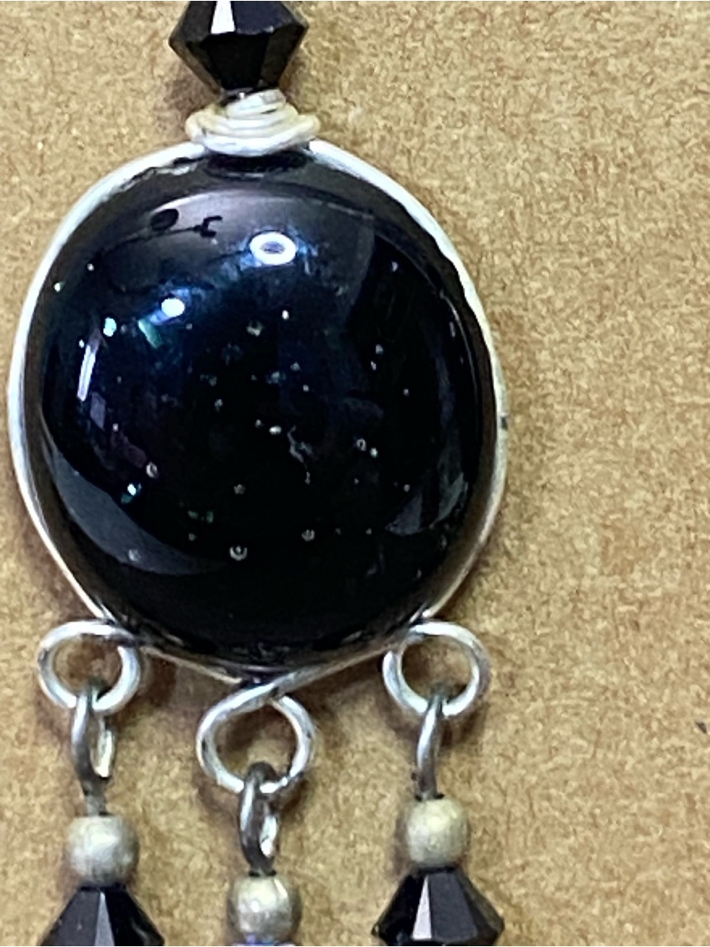 Black Sparkle Cabochon AB Crystal Bead Dangle Earrings with Silver-Tone Accents - Picture 3 of 10